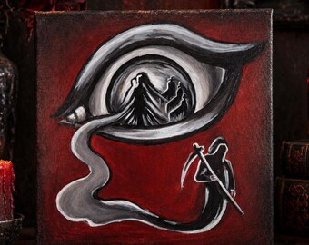 May include: A square canvas painting featuring a large, stylized eye against a deep red background. Inside the iris, a dark silhouette of a figure stands. A trail of gray smoke flows from the eye toward a hooded figure holding a scythe below.