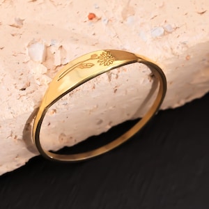 Custom Birth Flower Ring Engraved Stacking Ring Gold Birth Flower Gift Skinny Floral Band Ring Rose Birth Flower Ring September Birth Flower
