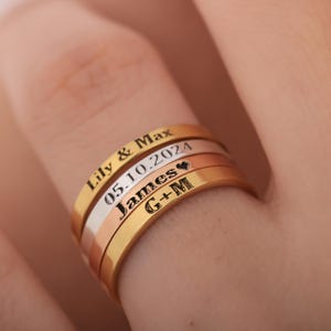 Dainty Name Ring Stackable Mom Ring with Kids Name Custom Roman Numeral Ring Skinny Band Ring Silver Unique Engraved Mothers Ring Stack Gold