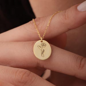 Dainty Birth Flower Necklace Gold Birth Month Flower Necklace Sterling Silver Birth Flower Disc Necklace Engraved Mothers Day Gift from Kids