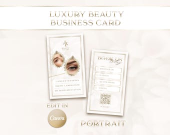 Plantilla de tarjeta de presentación de belleza de lujo / Tarjeta imprimible de salón en dorado y beige