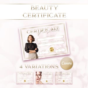 Peut inclure: Un modèle de certificat de beauté avec le texte "BEAUTY CERTIFICATE" en lettres dorées. Le certificat présente une femme et les mots "CERTIFICATE of completion". Ci-dessous, trois variantes du certificat.