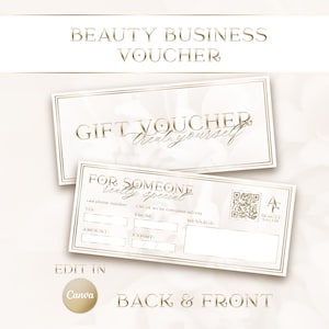Può includere: Due buoni regalo bianchi con dettagli dorati. Il buono superiore recita "GIFT VOUCHER Treat yourself". Il buono inferiore ha campi per le informazioni di contatto e un messaggio. Le parole "BEAUTY BUSINESS VOUCHER" sono in alto.