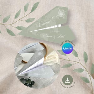 May include: Pale green paper airplane-shaped wedding invitation with the word "Welcome" and the names "Diana & Paul". The invitation includes a compass rose design and the date "May 10, 2021". The design is fully editable in Canva.