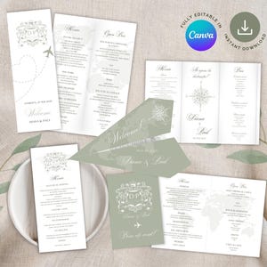 Puede incluir: Conjunto de papelería de boda con temática de viajes. Incluye menús, tarjetas de bienvenida y un diseño de avión de papel. La paleta de colores es suave, con elementos blancos y verde salvia. El texto incluye los nombres Diana & Paul.