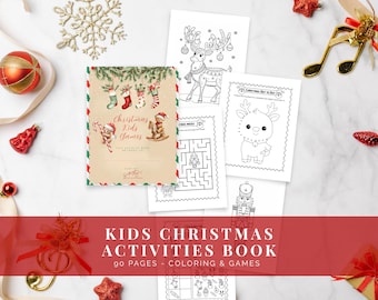 May include: A Christmas Kids Activities Book with 90 pages of coloring and games. The cover features illustrations of stockings, a teddy bear, and a candy cane. Coloring pages include a reindeer, a Christmas tree maze, and a nutcracker. Festive decorations surround the book.