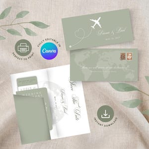 May include: Sage green wedding invitation suite with a travel theme. Includes invitation, RSVP card, boarding pass, and a Save the Date card. Features a plane graphic and the text "Diana & Paul". Fully editable in Canva.
