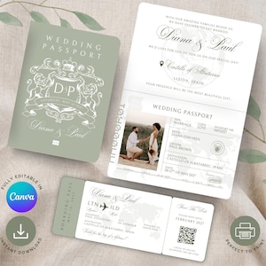 May include: Wedding passport and boarding pass invitation set. The passport is sage green with a crest and the names "Diana & Paul". The invitation includes a photo and details.