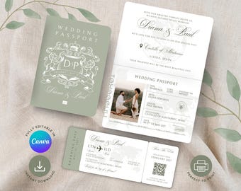 Destination Wedding Passport Invitation Template with Boarding Pass, Printable Travel Wedding Suite