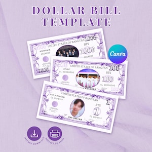Modello di banconota da un dollaro / Omaggio stampabile per eventi Kpop (download da Canvas)