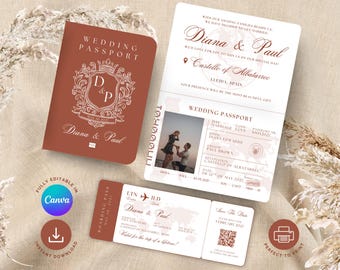 Terraccotta Wedding Passport Invitation Template with Boarding Pass, Printable Destination Wedding Suite