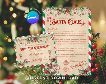 May include: A festive Christmas-themed printable set featuring a letter from Santa Claus and a Nice List Certificate. The designs include holiday decorations, text, and the words "Instant Download".