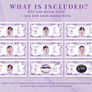 BTS dollar bill template bundle showing 7 member-inspired one dollar bills plus bonus 100 and 1000 dollar printable Canva templates for concert freebies and Kpop fan events.