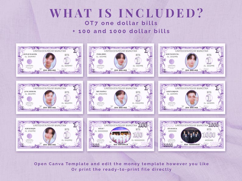 BTS dollar bill template bundle showing 7 member-inspired one dollar bills plus bonus 100 and 1000 dollar printable Canva templates for concert freebies and Kpop fan events.