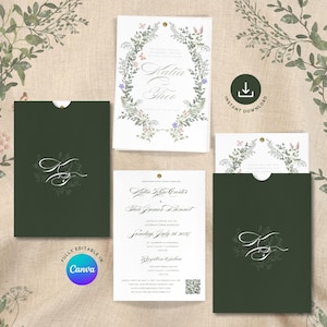 Può includere: Invito di nozze con tasche verde scuro e biglietti d'invito bianchi. Il set presenta un design a ghirlanda floreale e il testo "Katia & Theo". Completamente modificabile in Canva. Include un'icona di download.