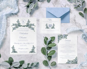 Pode incluir: Conjunto de convites de casamento com um convite principal, um cartão RSVP e um cartão de detalhes, todos com um design floral em tons de azul e verde. O convite inclui os nomes "Valentina" e "Dimitri" e a data de "10 de julho de 2027". Um envelope azul também está incluído.