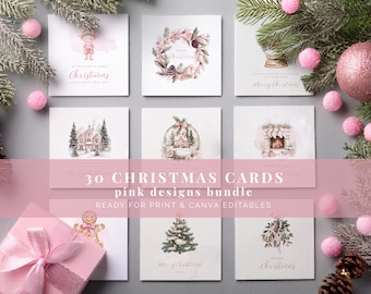 Pink Christmas Cards Bundle – 30 Printable Holiday Designs (Digital Download)