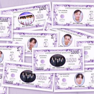 Purple BTS-inspired fake money printable templates scattered across pastel background featuring editable Canva concert freebies for ARMY fan gifts and Kpop events.