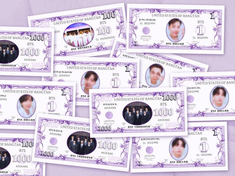 Purple BTS-inspired fake money printable templates scattered across pastel background featuring editable Canva concert freebies for ARMY fan gifts and Kpop events.