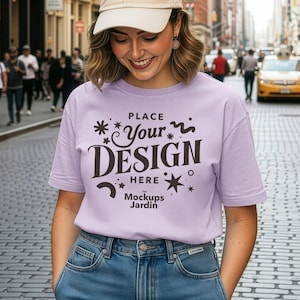 Orchid Comfort Colors 1717 T-Shirt Female Model Style Mockup | City Street Trendy Background Mockup | Basic Shirt Urban Style Mock
