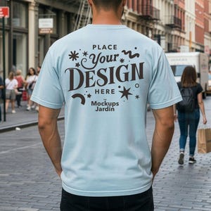 Chambray Comfort Colors 1717 T-Shirt Back View Male Model Style Mockup | City Street Trendy Background Mockup | Basic Shirt Urban Style Mock