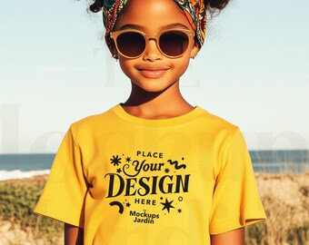 Gold Bella Canvas 3001Y Kids T-shirt Mockup | Beach Scene (JPG)