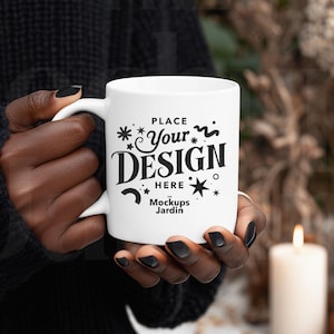 White Mug Mockup | Ceramic Cup Mockup | Cozy Fall Halloween Setting | Minimalist Autumn Scene | Candles Pumpkins Dried Flowers | Classic Mug
