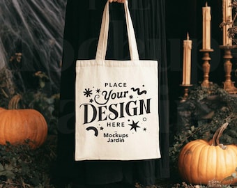 Tote Bag Mockup | Gothic Autumn Minimalist Canvas Bag | Halloween Pumpkins Cobwebs Vintage Candles | Seasonal Witchy Dark Academia Aesthetic