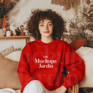 Red Gildan 18000 sweatshirt Mockup | G180 Crewneck Red Sweat Mock-up | Trendy Christmas Red sweatshirt Mockup | Nice Model Boho Mockup