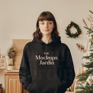 Black Gildan 18500 Hoodie Mockup | G185 Hooded Black Sweatshirt Mock-up | Trendy Christmas Black Hoodie Mockup | Boho Vibe Model Mockup