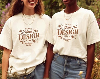 Ivory Comfort Colors 1717 T-Shirt Mockup | Front View Friends Outdoor Garden Scene | Soft Neutral Unisex Tshirt Mockup | Boho Floral Nature