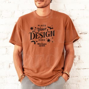 Yam Blue Comfort Colors 1717 Men&#39;s T-Shirt Mockup | Minimal Trendy Simple Background Male Model Mockup | Orange Tshirt Mockup Aesthetic POD