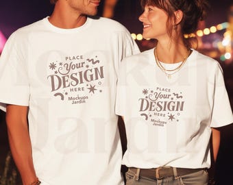 White Comfort Colors 1717 T-Shirt Mockup | Couple Festival Scene (JPG)