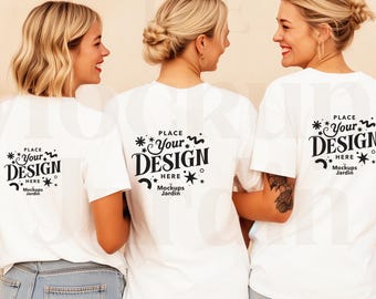 White Bella Canvas 3001 T-shirt Mockup | Back View Three Blonde Women | Balloons Party Scene |  Blank BC3001 Shirt Template Girl Squad Mock