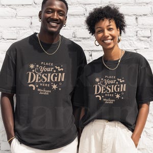 Pepper Comfort Colors 1717 T-Shirt Mockup | Couple Outfit Mockup | Matching Tshirts Smiling Male Female Model | Grey Tshirt Cozy Mockup POD
