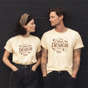 Ivory Comfort Colors 1717 T-Shirt Mockup | Man Woman Matching Shirts Mock | Couple Outfit Tee | Black Background Aesthetic T-shirt Mock POD