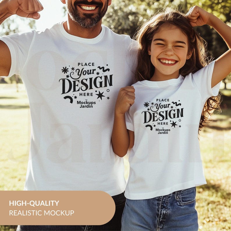 May include: A white t-shirt mockup featuring a father and daughter wearing matching shirts with the text "PLACE YOUR DESIGN HERE Mockups Jardin" printed on the front.