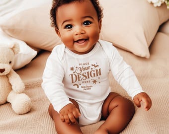 White Long Sleeve Baby Bodysuit Mockup | Rabbit Skins 4411 (JPG)