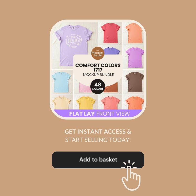 May include: A digital mockup bundle featuring Comfort Colors 1717 t-shirts in 48 colors, displayed in a flat lay front view grid. The central text reads COMFORT COLORS 1717 MOCKUP BUNDLE, 48 COLORS, and FLAT LAY FRONT VIEW. Includes an Add to basket button.