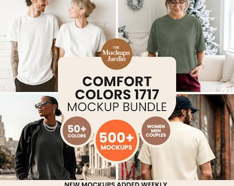 May include: A digital product listing for a Comfort Colors 1717 mockup bundle featuring 500+ mockups in 50+ colors. The graphic includes text stating The Mockups Jardin, Comfort Colors 1717 Mockup Bundle, 50+ Colors, 500+ Mockups, Women Men Couples, New Mockups Added Weekly, and Lifetime Access.