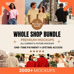May include: Promotional image showcasing various t-shirts and hoodies in different colours. The text includes "WHOLE SHOP BUNDLE", "PREMIUM MOCKUPS", "ONE-TIME PAYMENT = LIFETIME ACCESS", and "2000+ MOCKUPS". The Mockups Jardin logo is also visible.