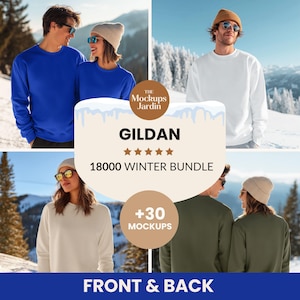 Puede incluir: Imagen de maqueta con sudaderas Gildan en varios colores, incluyendo azul, blanco y verde oliva. La imagen incluye el texto "Gildan" y "18000 Winter Bundle" con una etiqueta "+30 Mockups", y "Front & Back".