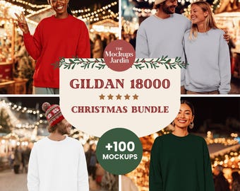 May include: A promotional image showcasing four people wearing Gildan 18000 sweatshirts in various colours: red, light blue, white, and dark green. The image includes text: "Gildan 18000 Christmas Bundle" and "+100 Mockups".