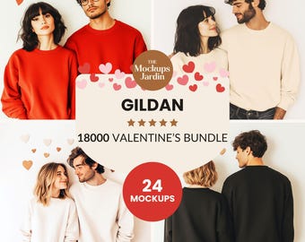 Paquete de maquetas de sudaderas Gildan 18000 para parejas / Colección de San Valentín / Vista frontal y trasera, mujer y hombre, cuello redondo / Conjunto de corazones y amor para parejas