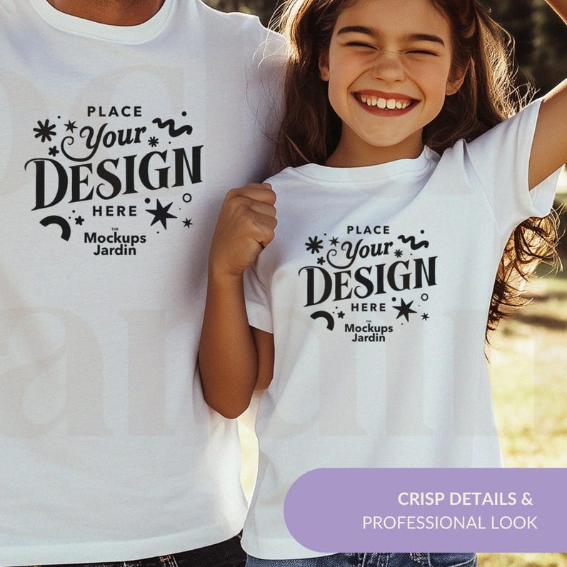May include: Two white t-shirts with a black design that says "Place Your Design Here" with stars and a wavy line. The text "Mockups Jardin" is below the design.
