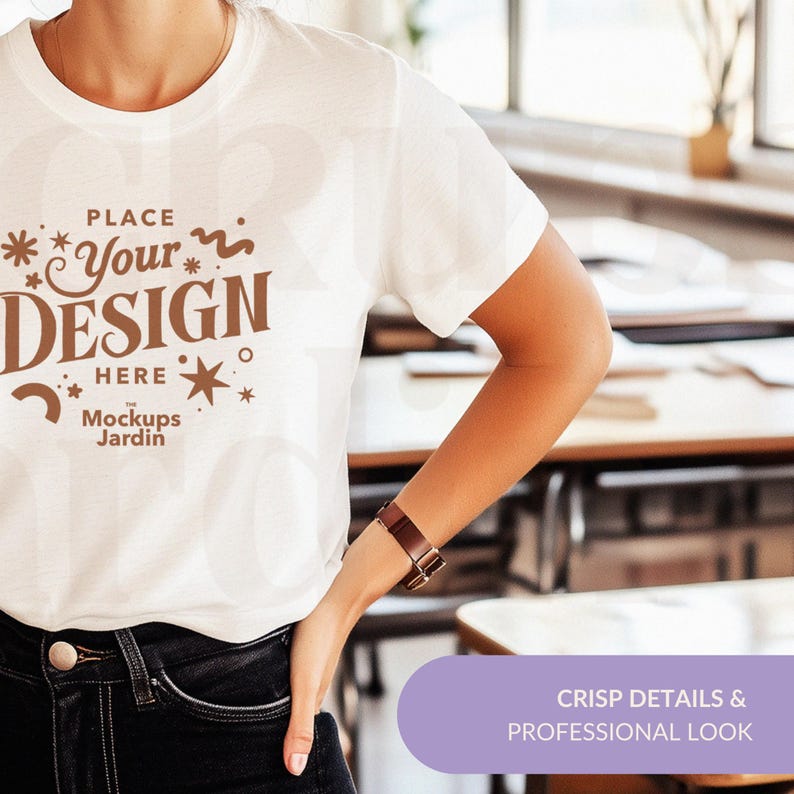 May include: White t-shirt mockup with brown text that says "Place Your Design Here" with stars and other decorative elements. The text "Mockups Jardin" is also included.