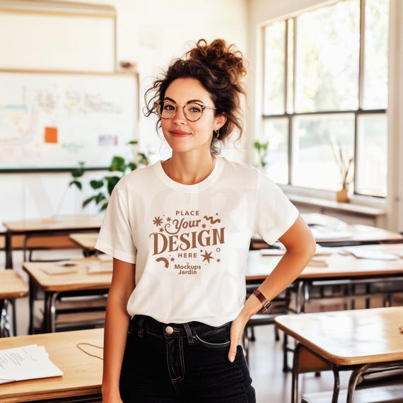White Bella Canvas 3001 T-Shirt Mockup | Female Teacher Classroom Setting Aesthetic Mockup | Casual Workwear High-Quality JPG Template Mock