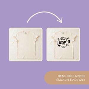 May include: A side-by-side comparison of two off-white t-shirts. The left shirt is blank, while the right shirt features black text reading PLACE YOUR DESIGN HERE and MOCKUPS JARDIN, surrounded by small star and squiggle graphic elements.