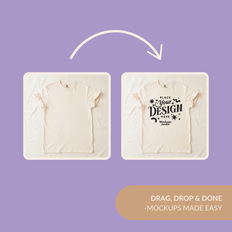 May include: A side-by-side comparison of two off-white t-shirts. The left shirt is blank, while the right shirt features black text reading PLACE YOUR DESIGN HERE and MOCKUPS JARDIN, surrounded by small star and squiggle graphic elements.