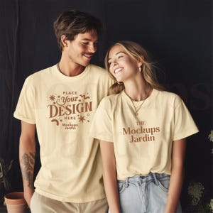 Butter Comfort Colors 1717 T-Shirt Mockup | Couple Matching Tshirts Mockup | Unisex Apparel Template | Indoor Scene Studio Mockup Simple POD